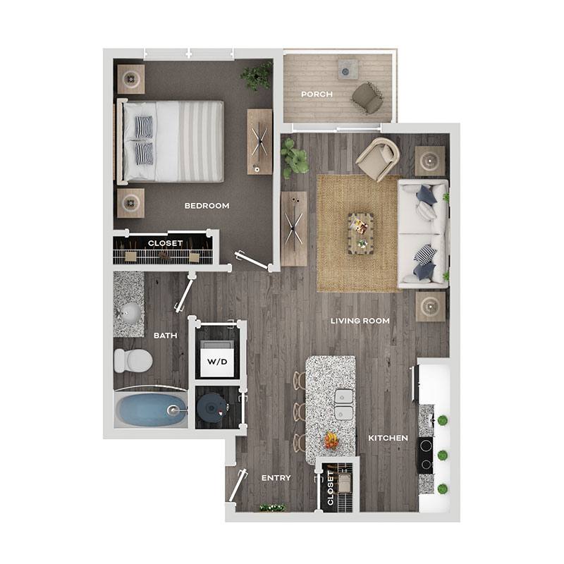 Floor plan for 1 bed, 1 bath, 631 sqft